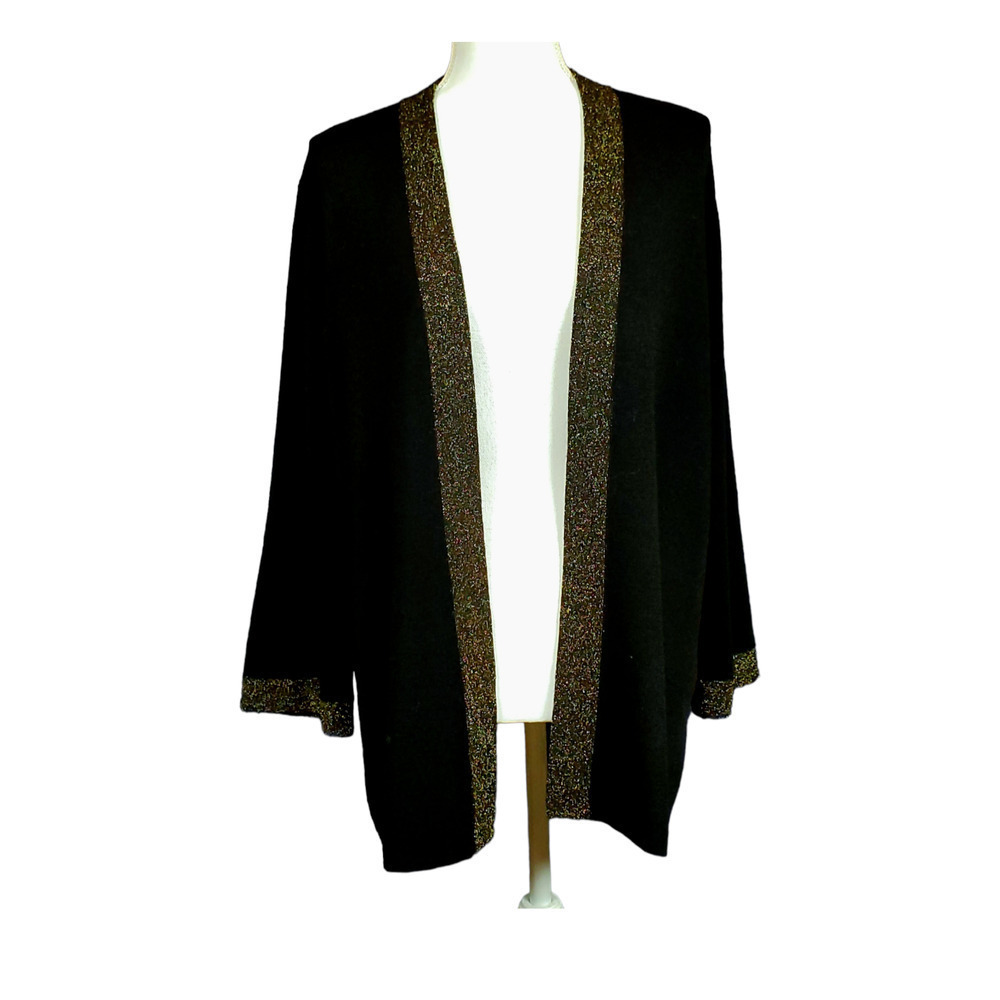 Eileen Fisher Open Front Cardigan Size Medium Black Gold Long Sleeve Dressy - Picture 8 of 9